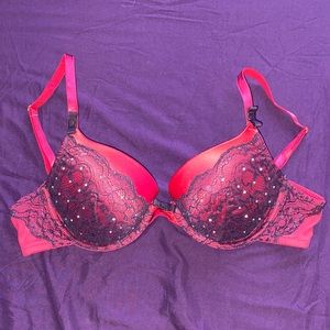 34D Adore Me Bra in Hot Pink w/ Purple Lace, Jewels, & Bows
